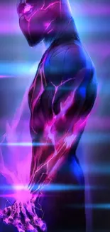 Vibrant purple and blue neon light wallpaper with abstract figure.