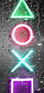 Neon gaming symbols wallpaper with rain effects.