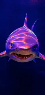 Vibrant neon shark swimming in deep blue ocean.