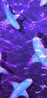 Vibrant neon shark wallpaper with purple and blue hues.