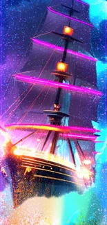 Vibrant neon ship sailing through blue cosmic waves.