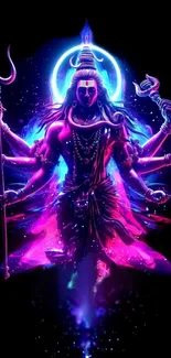 Vibrant neon depiction of Lord Shiva with multiple arms against a black background.