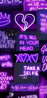 Vibrant purple neon sign collage wallpaper for mobile.