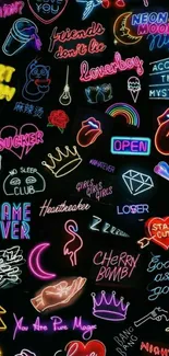 Vibrant collage of neon signs with symbols and phrases on a black background.