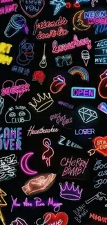 Vibrant neon signs mobile wallpaper with colorful designs.