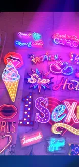 Vibrant neon signs with colorful designs.