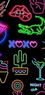 Colorful neon signs on black background.