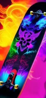 Vibrant neon skateboard with bold colors and intricate design on a digital wallpaper.