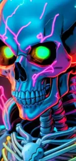 Vibrant neon skeleton art with electric colors.