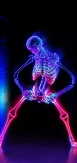 Vibrant neon skeleton glowing in the dark.