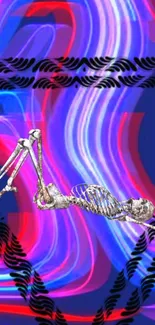 Neon skeleton on a colorful background with vibrant hues.