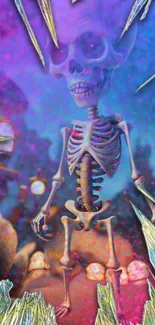 Vibrant neon skeleton with colorful backdrop.