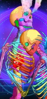 Colorful neon skeletons on a purple cosmic backdrop.