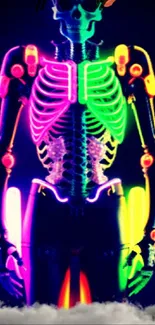 Vibrant neon skeleton on dark background wallpaper.