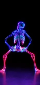 Neon skeleton striking a dynamic pose with vibrant glowing colors.