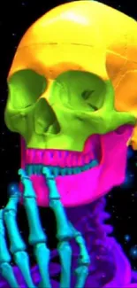 Vibrant neon skeleton with colorful skull and dark background.