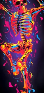 Vibrant neon skeleton art on black wallpaper.