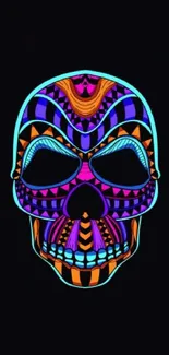 Vibrant neon skull art on black background.