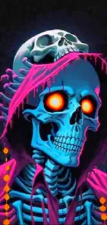 Neon skull art with glowing eyes and hood in vibrant colors.