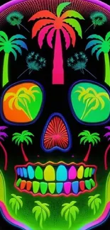 Neon skull with colorful palm trees design.