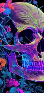 Neon skull with colorful flowers on a dark background.