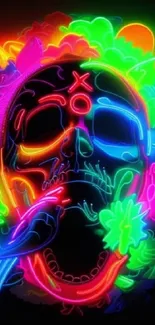 Bright neon skull art with colorful accents.