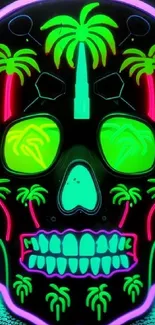 Neon skull with palm trees and vibrant colors.