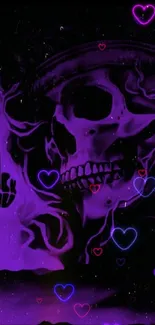 Vibrant neon skull artwork with hearts on a purple background.