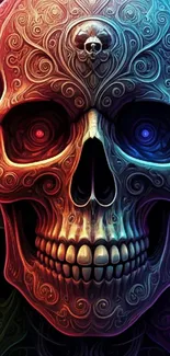 Vibrant neon skull with intricate patterns