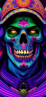 Colorful neon skull artwork with psychedelic patterns.