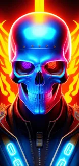 Neon skull on vivid, colorful background with futuristic design.