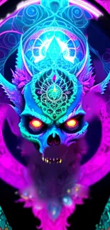 Vibrant neon skull art wallpaper with intricate design.