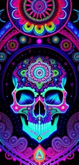 Vibrant neon skull art with intricate mandala patterns on a dark background.