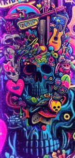 Vibrant neon skull art wallpaper with guitars and colorful patterns.