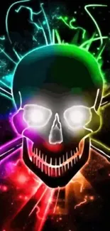 Vibrant neon skull with glowing colors on a dark background.