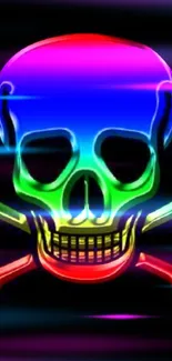 Neon skull with vibrant colors in black background wallpaper.