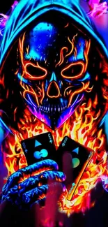 Neon skull with flames and cards wallpaper.