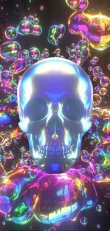 Neon skull with iridescent bubbles in a vibrant design.