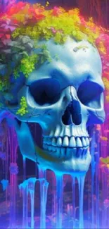 Vibrant neon skull with colorful floral accents in artistic design.