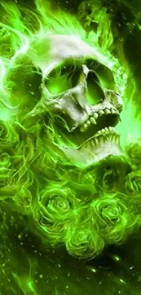 Vivid green skull with neon flames and roses wallpaper.