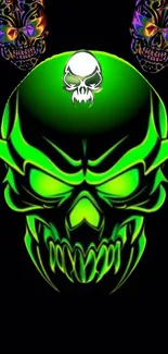 Neon green skull wallpaper with vibrant colors and dark background.