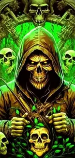 Neon green skull art with hooded figure in captivating wallpaper.