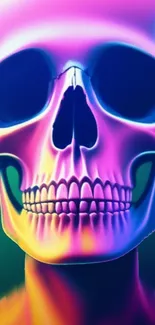 Vibrant neon skull art with rainbow hues.