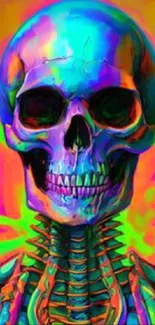 Vibrant neon-colored skull abstract art wallpaper.