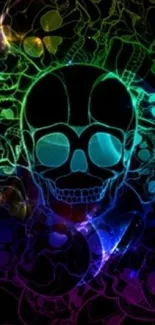 Vibrant neon skull design wallpaper with colorful outlines.