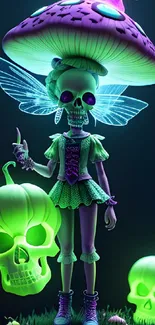 Neon green skeleton with fairy wings and glowing skulls.