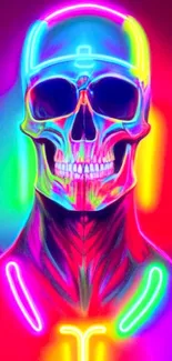 Vibrant neon skull with glowing colors on a dark background.