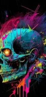 Vibrant neon skull with abstract art and bold colors.