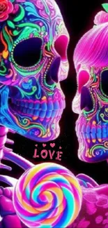 Colorful neon skulls with a love theme on a mobile wallpaper.