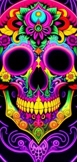 Vibrant neon skull wallpaper with intricate patterns and vivid colors.